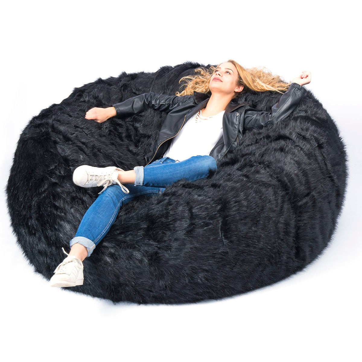 Copertura Vuota Pouf Rotondo XXL Pelliccia Pelo Lungo Nero