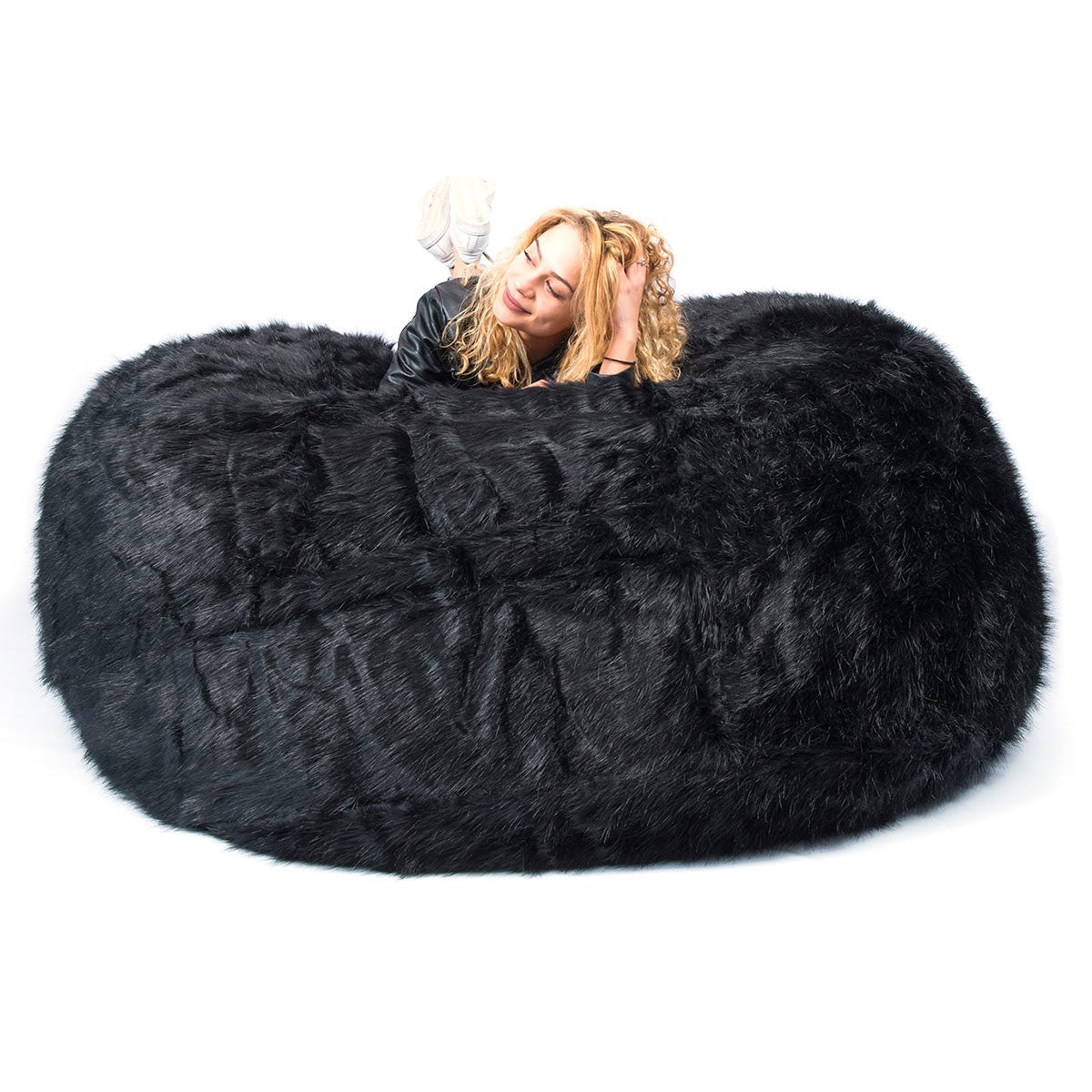 Copertura Vuota Pouf Rotondo XXL Pelliccia Pelo Lungo Nero