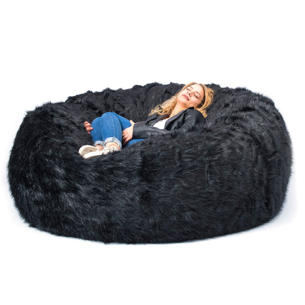 Copertura Vuota Pouf Rotondo XXL Pelliccia Pelo Lungo Nero