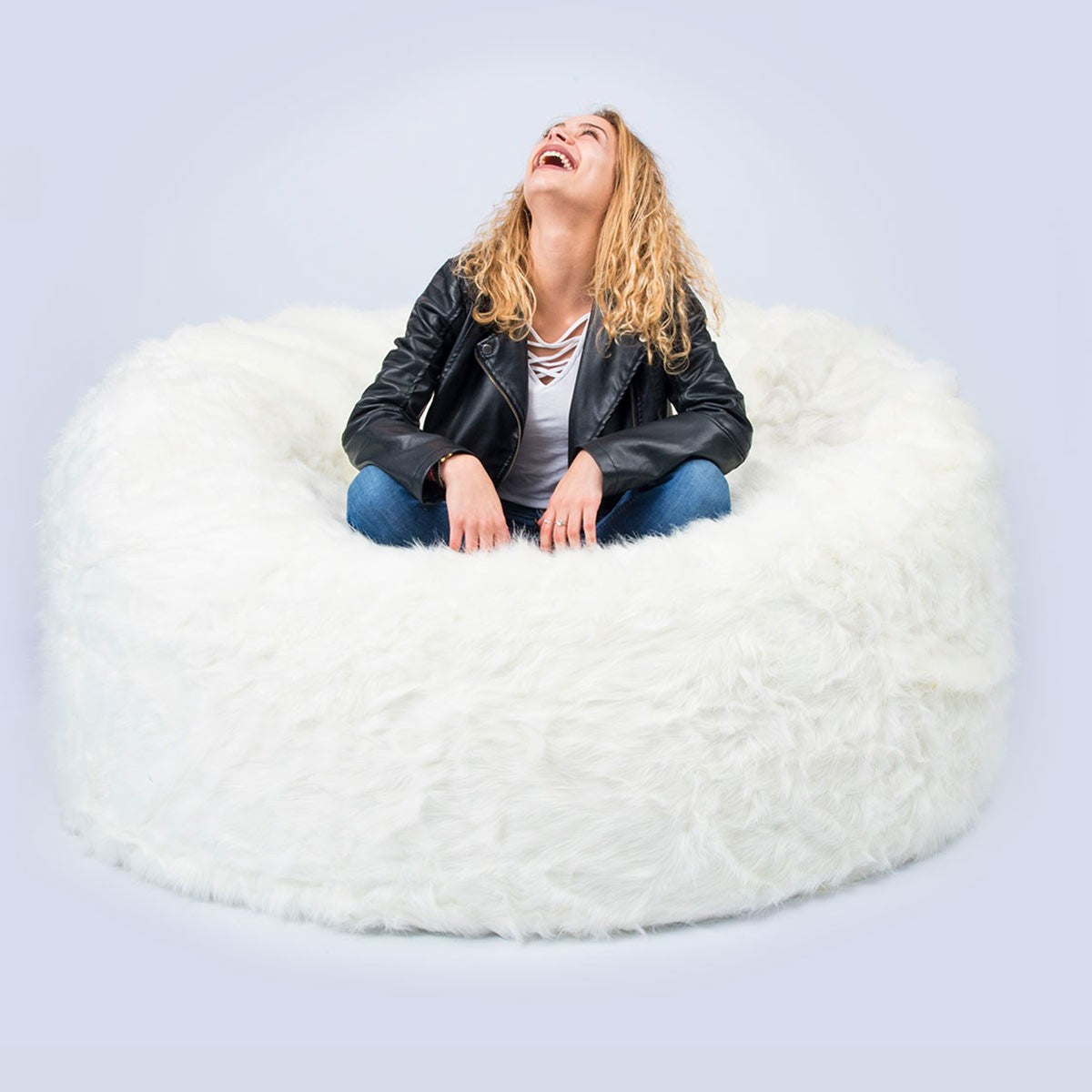 Housse Vide Pouf Rond XXL Fourrure Poil Long Blanc