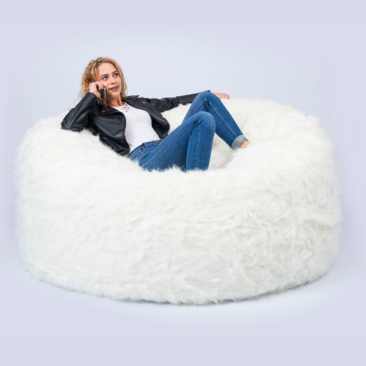 Housse Vide Pouf Rond XXL Fourrure Poil Long Blanc