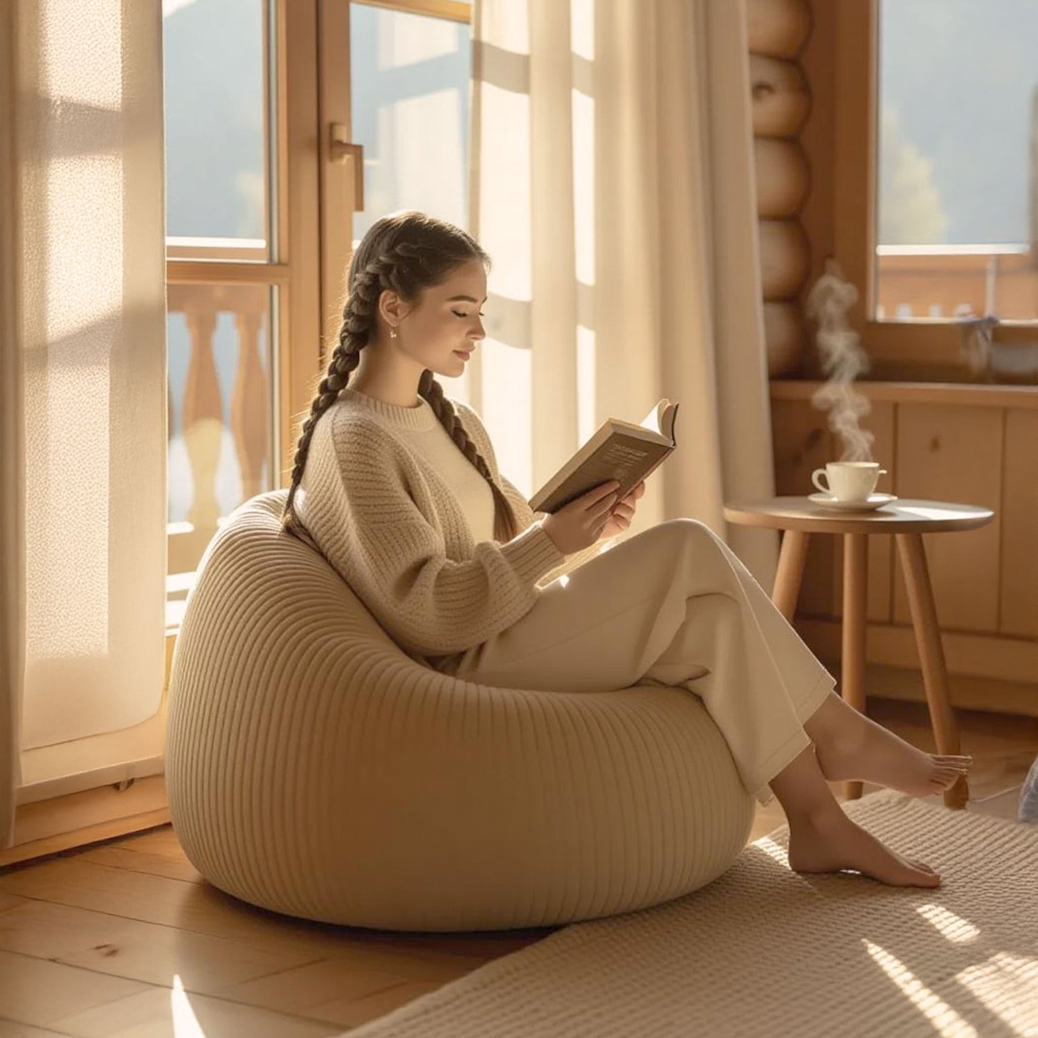 Corduroy Velvet Beige Bean Bag Pouf
