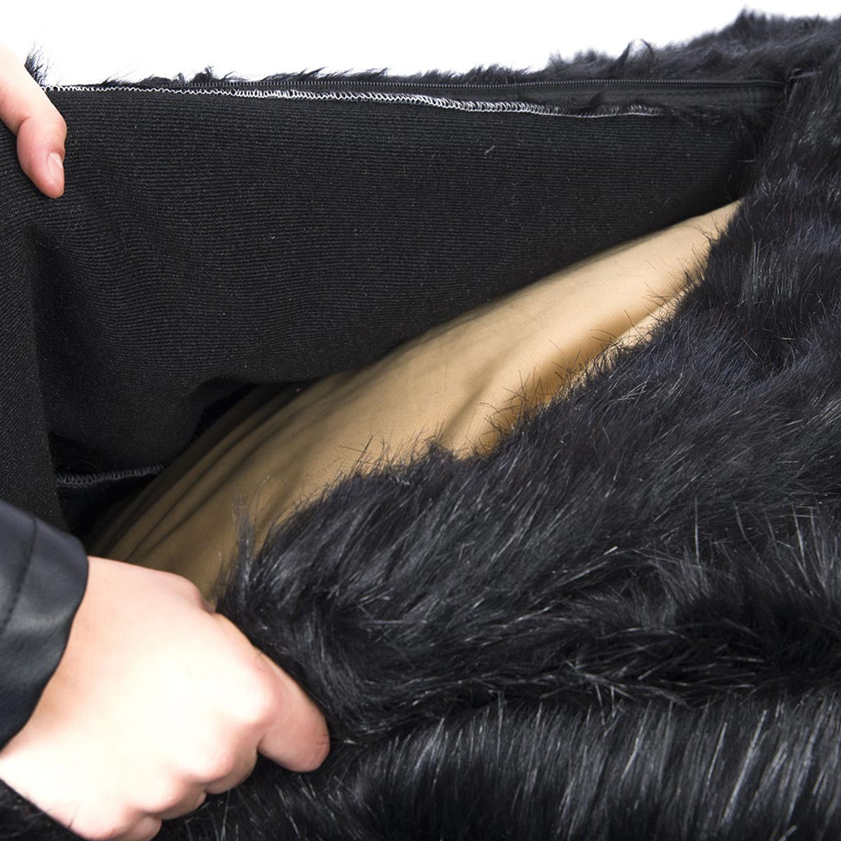 Pouf Fauteuil Rond XL Fourrure Poil Long Noir