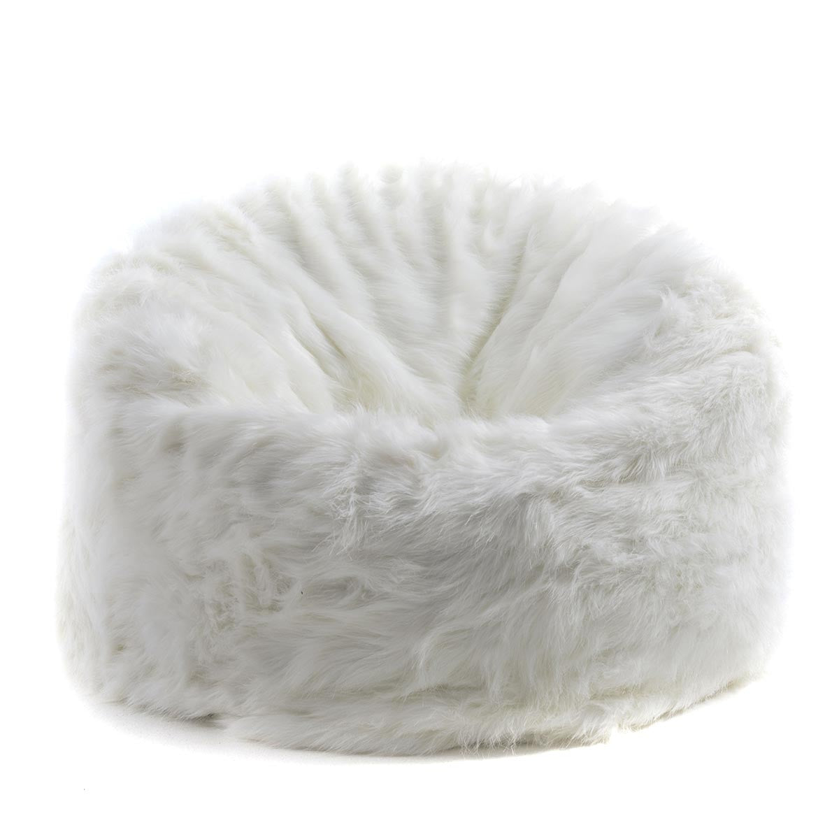 Puf Sillón Redondo XL Piel Pelo Largo Blanco