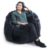 Pouf Fauteuil Rond XL Fourrure Poil Long Noir