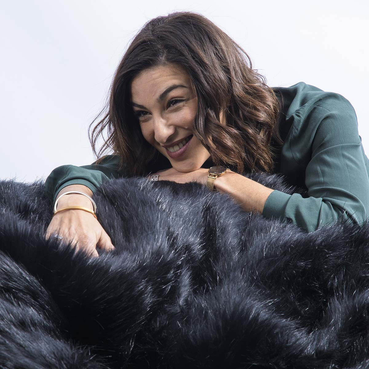 Pouf Fauteuil Rond XL Fourrure Poil Long Noir