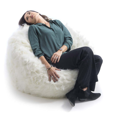Puf Sillón Redondo XL Piel Pelo Largo Blanco