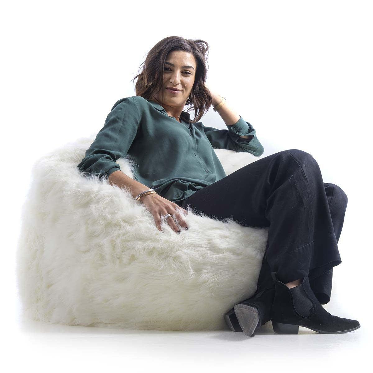 Puf Sillón Redondo XL Piel Pelo Largo Blanco