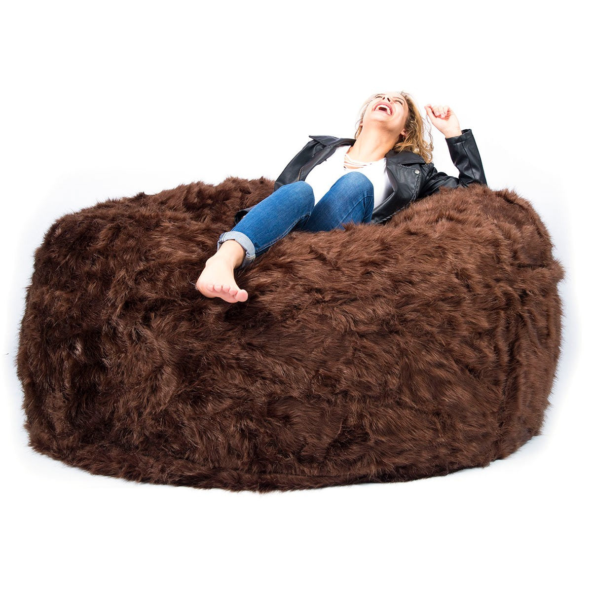Housse Vide Pouf Rond XXL Fourrure Poil Long Marron, grande housse de pouf géant marron 150 cm, texture peluche