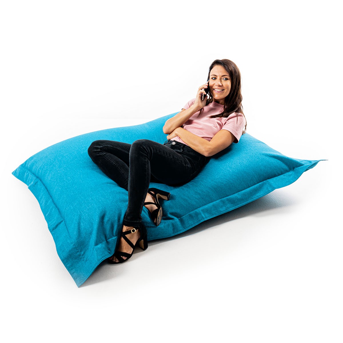 Housse Vide Pouf Lin Bleu Turquoise sur pouf géant XL intérieur cocooning BiG52, housse seule sans billes