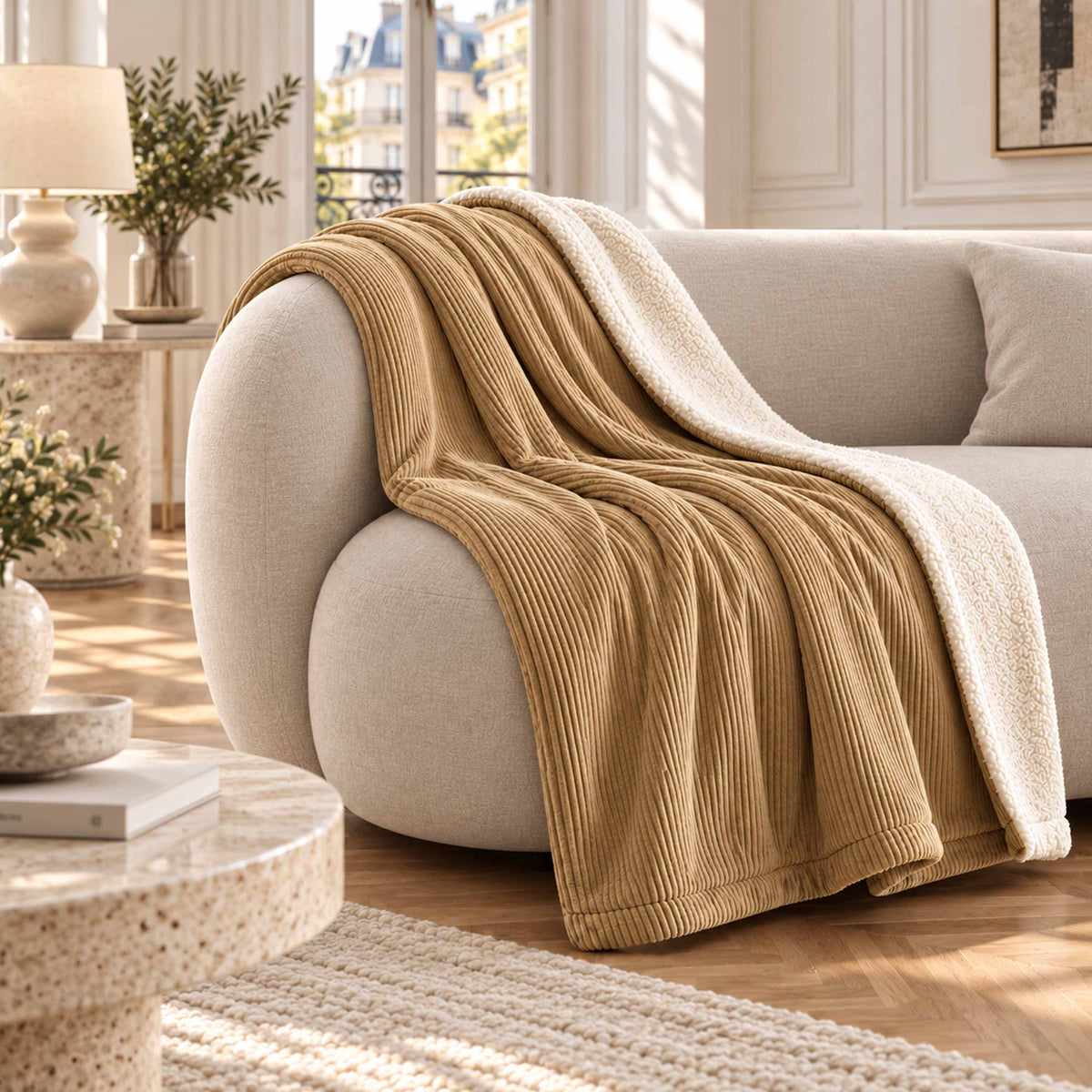 Plaid Velours Côtelé Beige doré Double Face Sherpa – 180×140 cm, plaid chic sur canapé