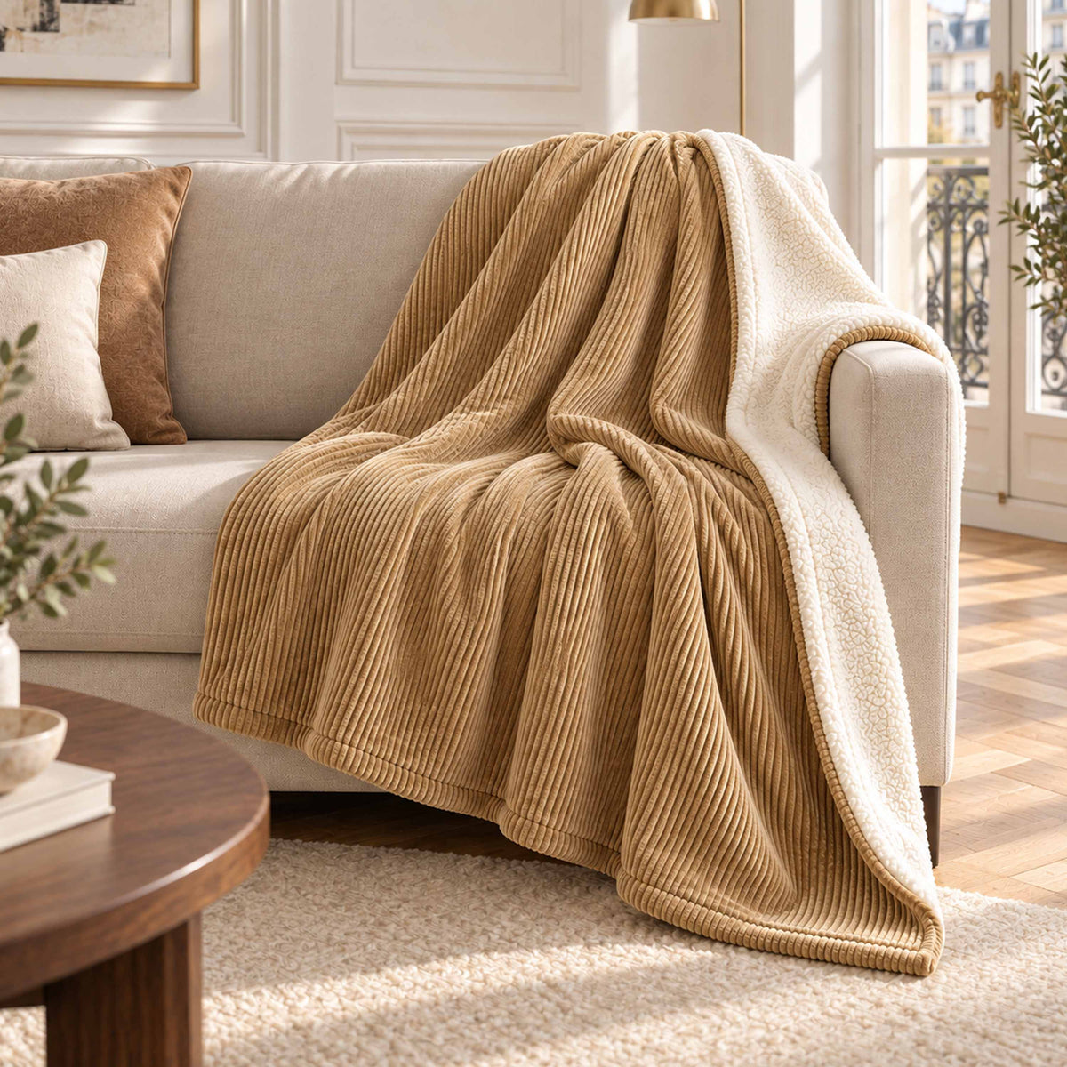 Plaid Velours Côtelé Beige doré Double Face Sherpa – 180×140 cm sur canapé, style cocooning