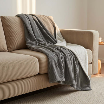 Grey Corduroy Throw with Reversible Sherpa – 180×140 cm