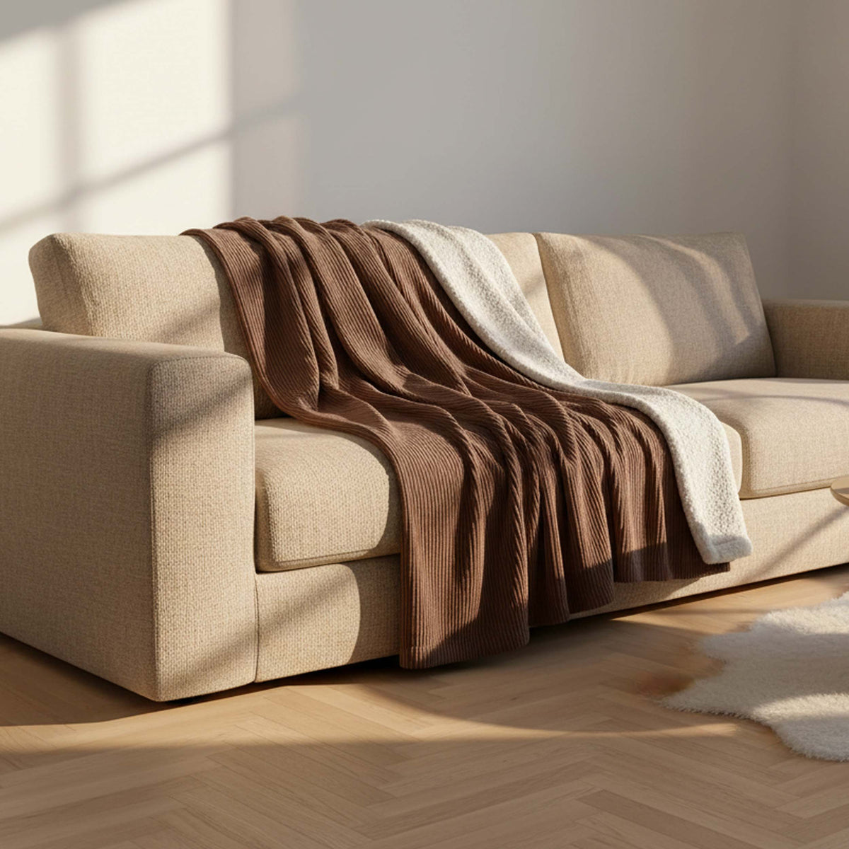 Plaid Velours Côtelé Marron Double Face Sherpa – 180×140 cm sur canapé, effet sherpa et velours côtelé