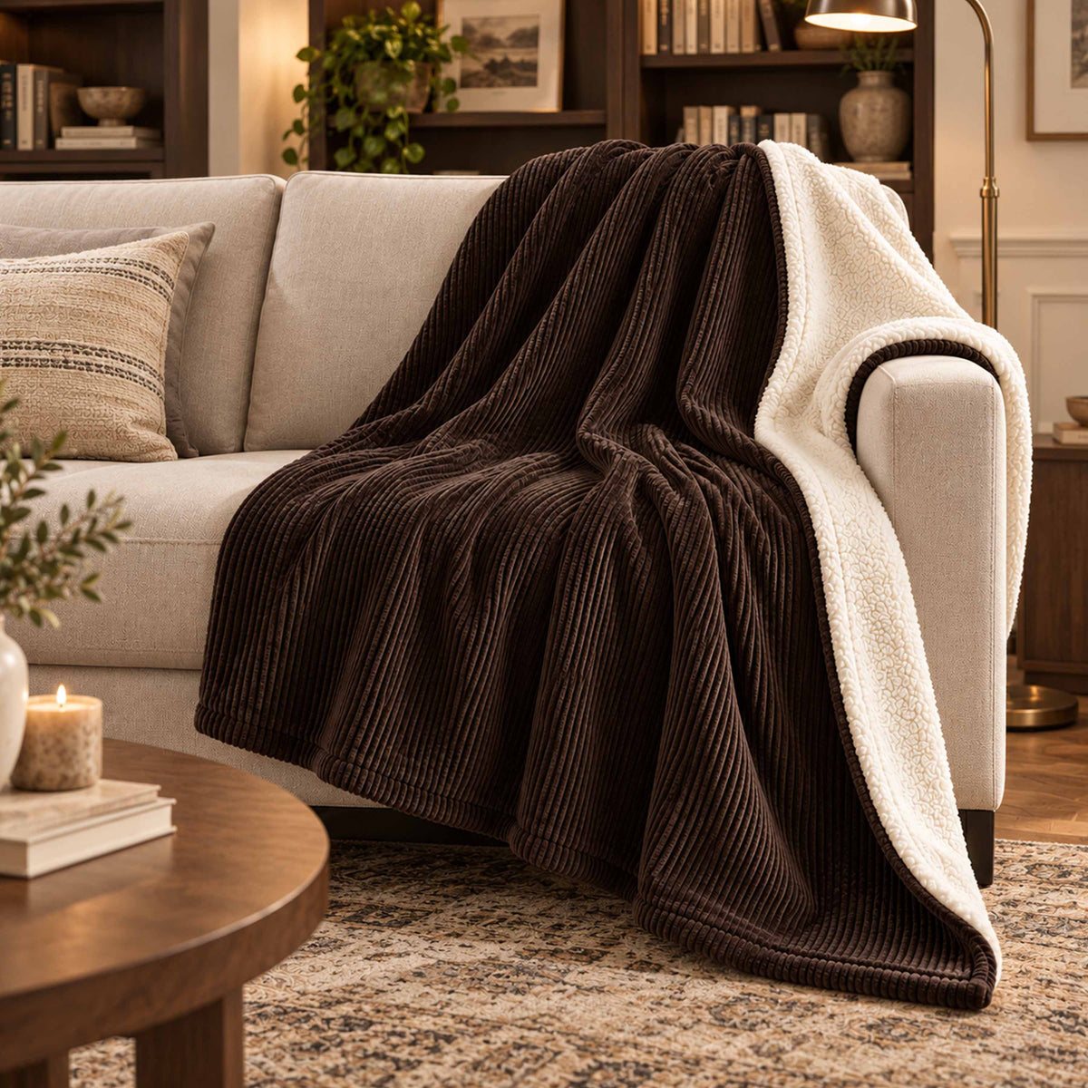 Plaid Velours Côtelé Brun espresso Double Face Sherpa – 180×140 cm, plaid cocooning sur canapé
