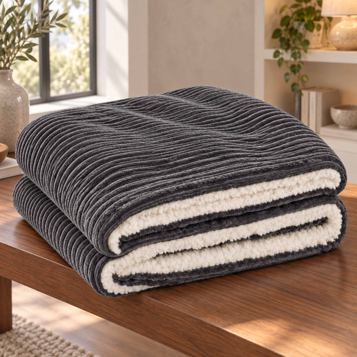 Plaid Velours Côtelé Gris Double Face Sherpa – 180×140 cm, plaid cocooning canapé ou lit
