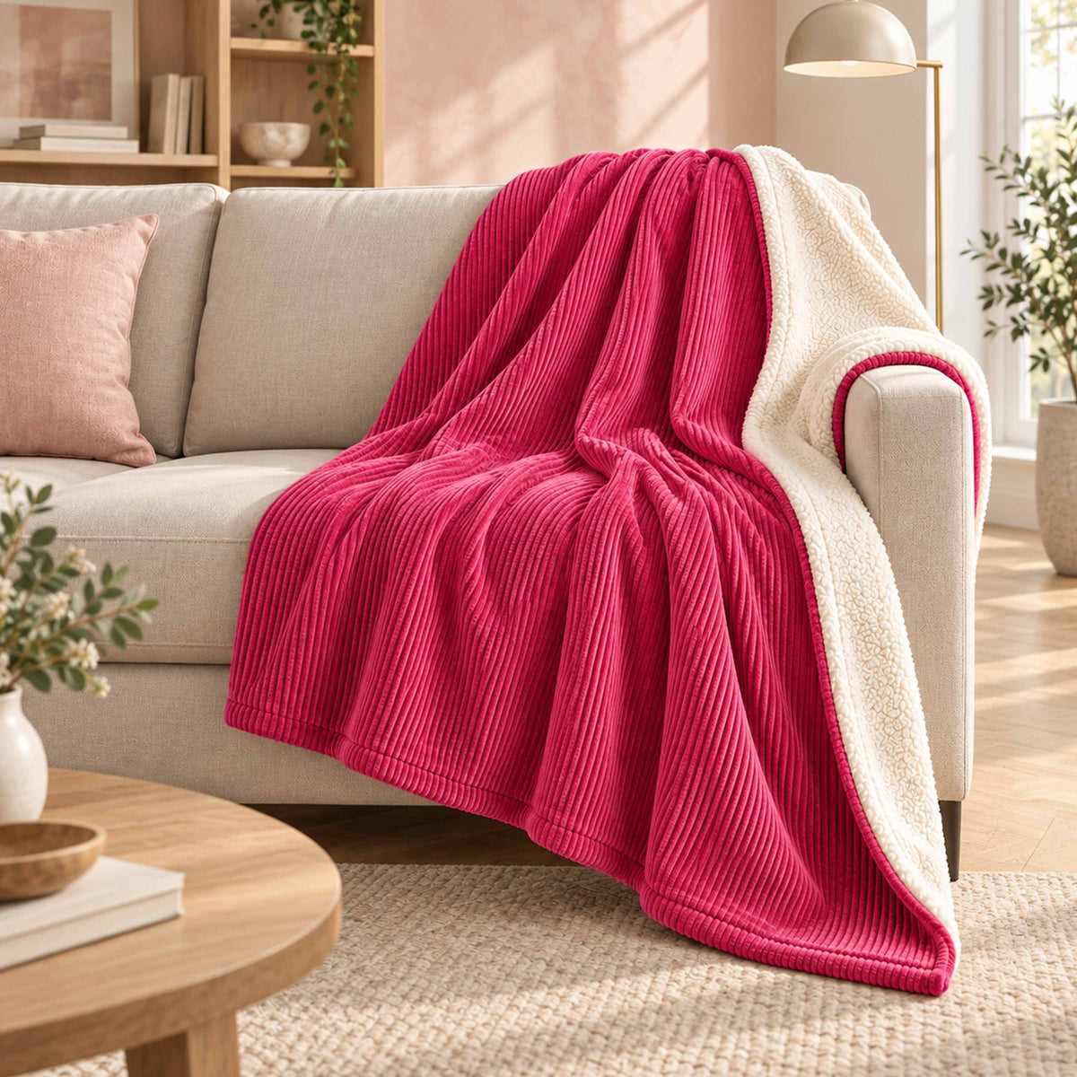 Plaid Velours Côtelé Rose Double Face Sherpa – 180×140 cm, plaid cocooning sur canapé