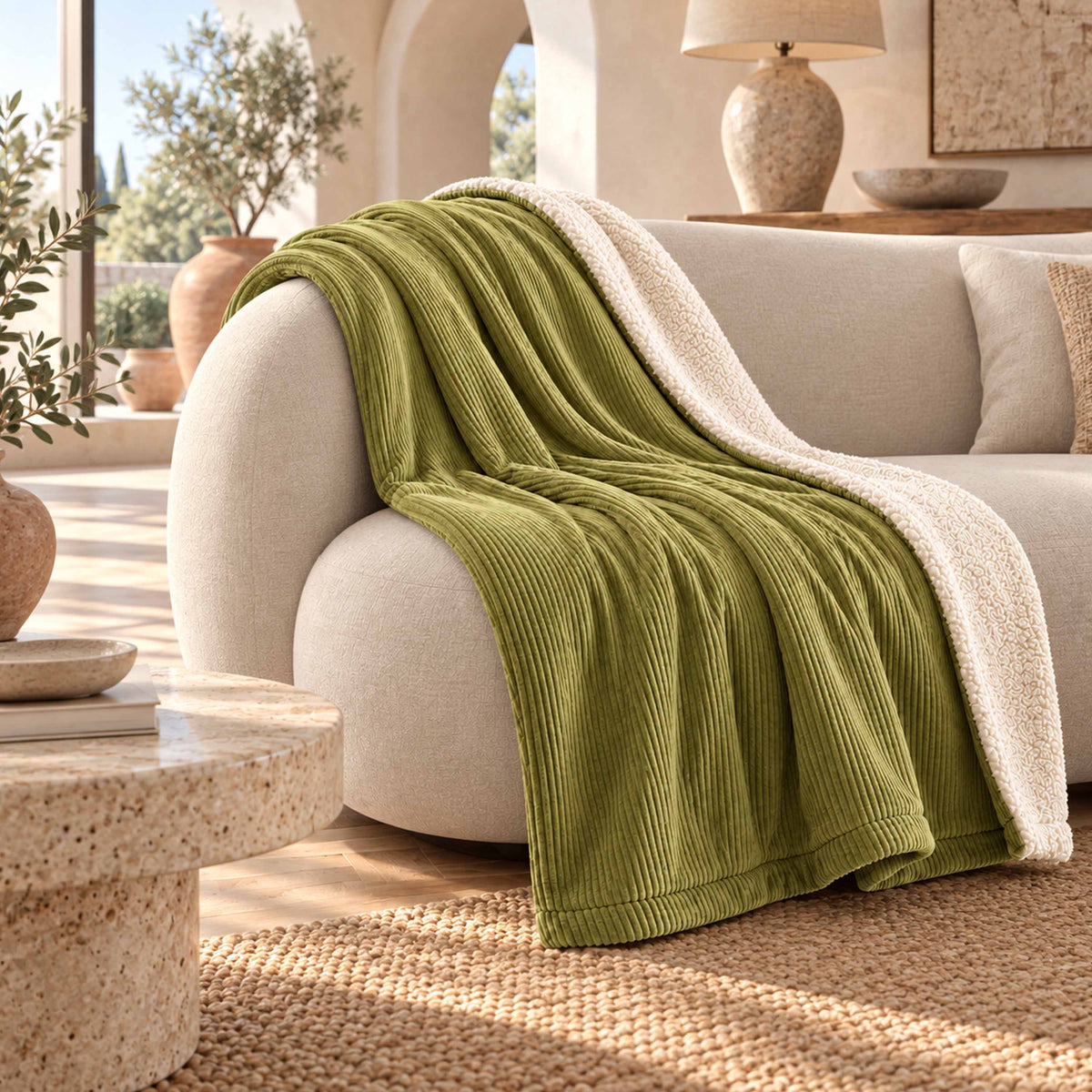 Plaid Velours Côtelé Vert olive clair Double Face Sherpa – 180×140 cm, plaid cocooning sur canapé