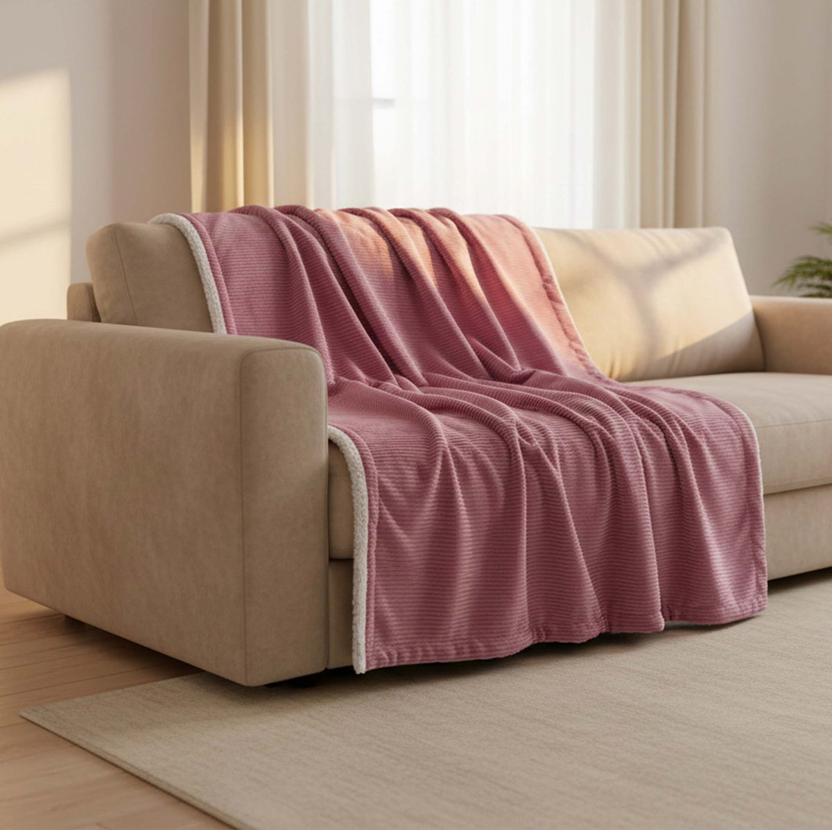Plaid Velours Côtelé Rose Double Face Sherpa – 180×140 cm sur canapé, velours côtelé et doublure effet sherpa