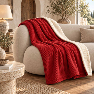 Red Corduroy Throw with Reversible Sherpa – 180×140 cm