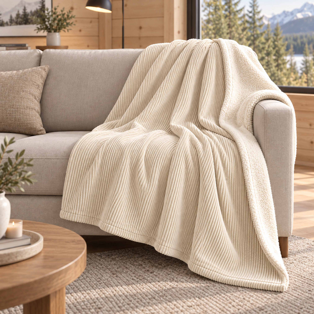Plaid Velours Côtelé Beige Double Face Sherpa – 180×140 cm, plaid sur canapé avec effet sherpa