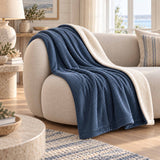 Plaid Velours Côtelé Bleu denim Double Face Sherpa – 180×140 cm, plaid sur canapé cocooning