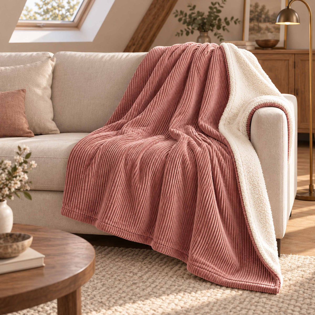 Plaid Velours Côtelé Rose poudré chaud Double Face Sherpa – 180×140 cm, plaid cocooning sur canapé