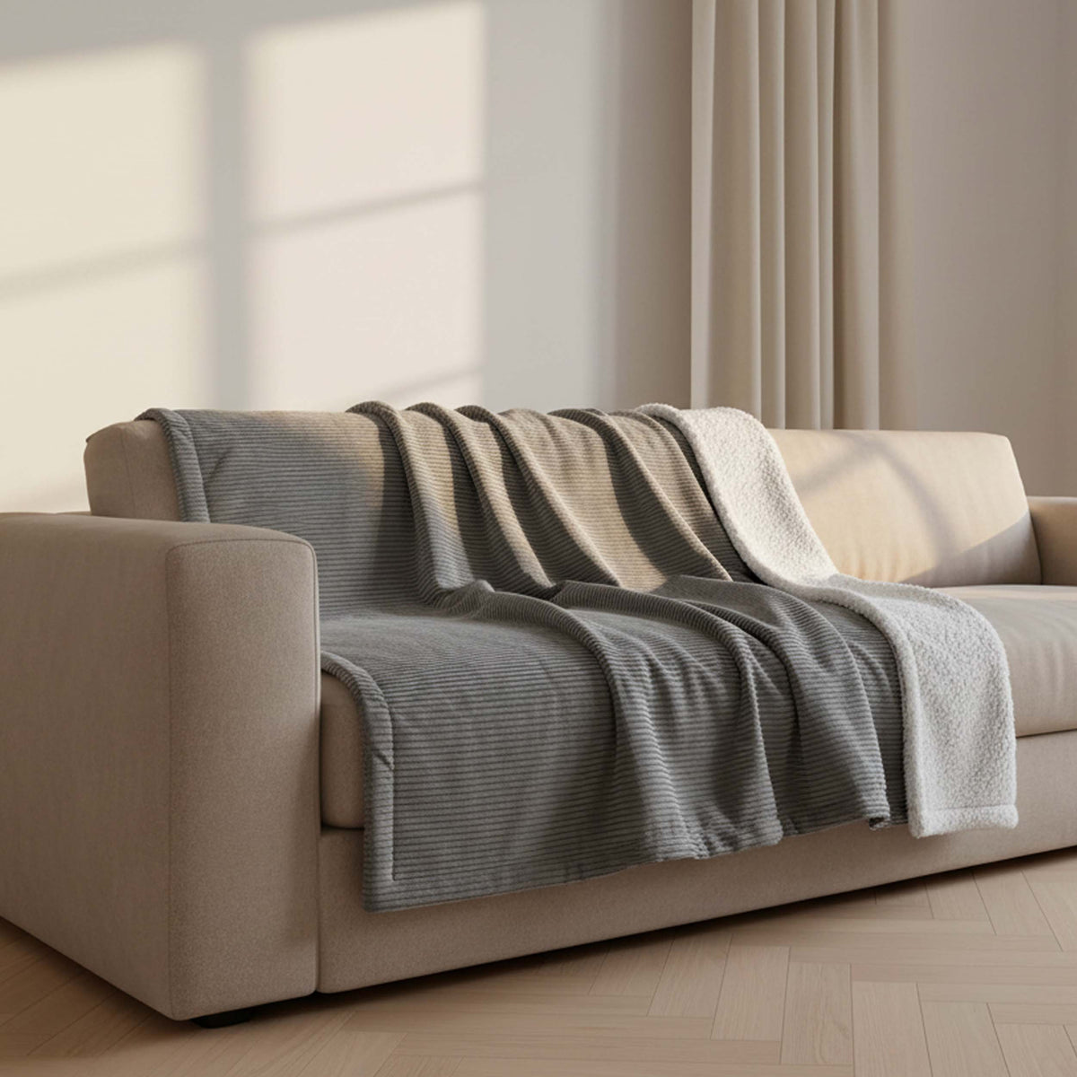 Plaid Velours Côtelé Gris Double Face Sherpa – 180×140 cm sur canapé, face velours côtelé et doublure sherpa grise