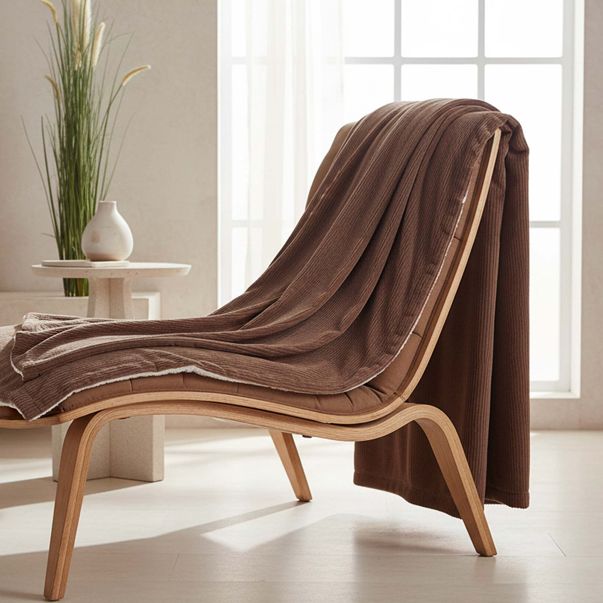 Plaid Velours Côtelé Marron Double Face Sherpa – 180×140 cm, plaid en velours côtelé et sherpa sur fauteuil