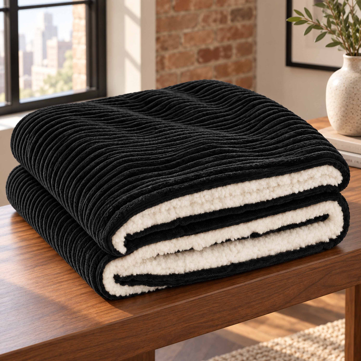 Plaid Velours Côtelé Noir Double Face Sherpa – 180×140 cm, plaid cocooning sur canapé