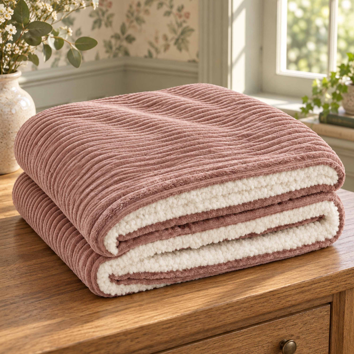 Plaid Velours Côtelé Rose poudré Double Face Sherpa – 180×140 cm sur un fauteuil pour un look cocooning