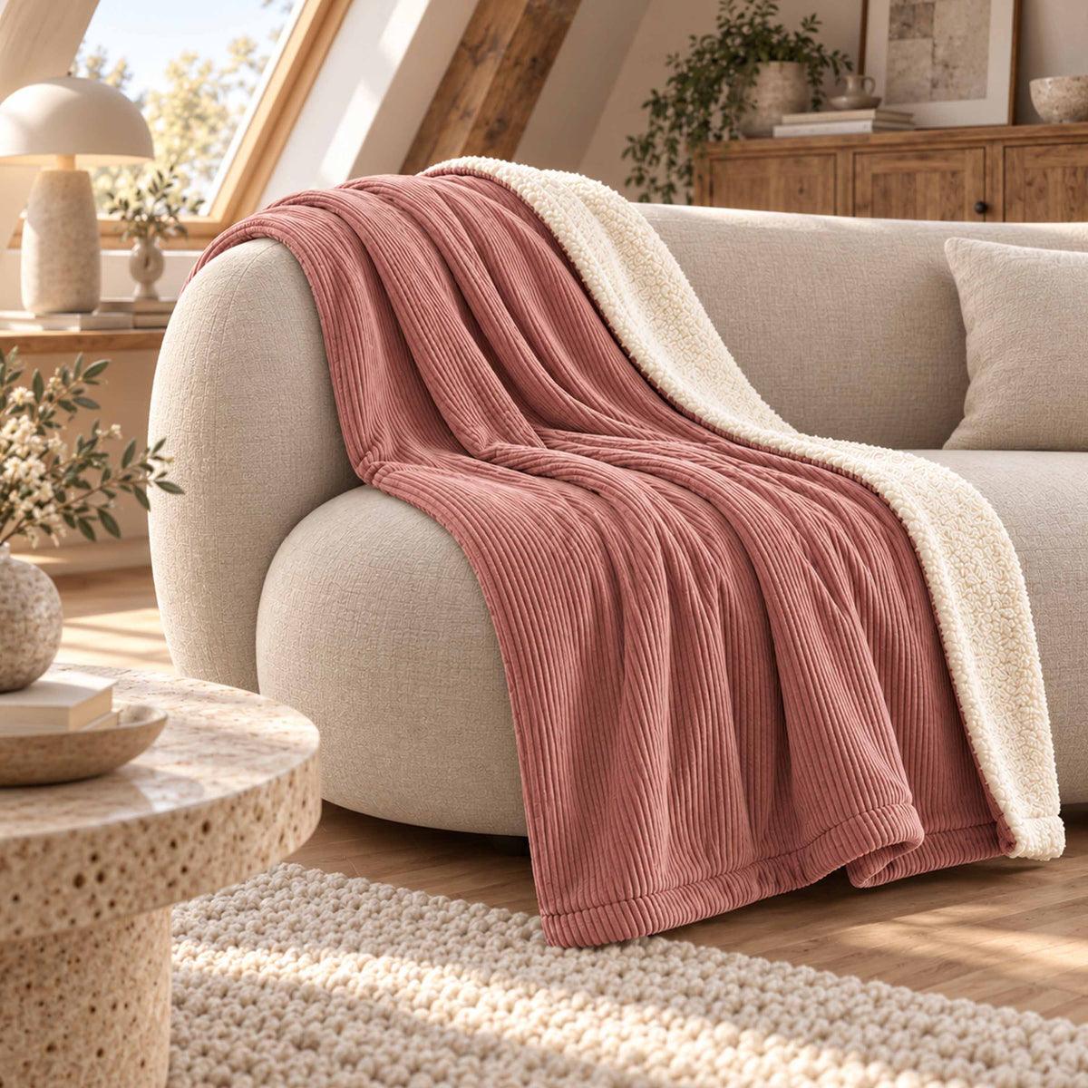 Plaid Velours Côtelé Rose poudré chaud Double Face Sherpa – 180×140 cm, plaid doux sur canapé