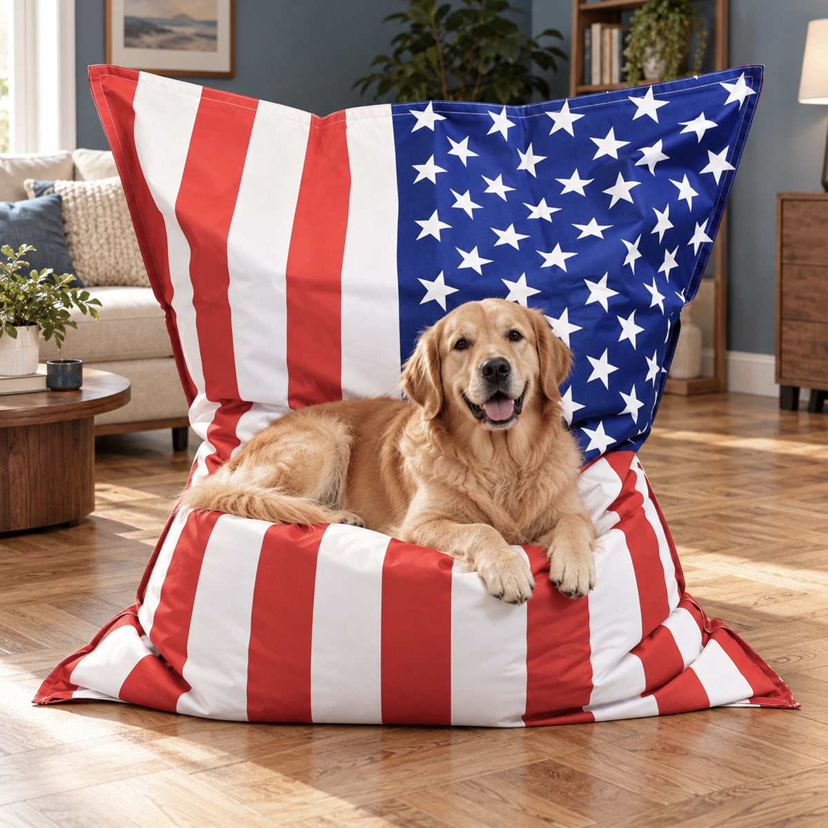 Pouf géant drapeau américain USA XXL aux couleurs des États-Unis, grand coussin confort pour salon avec chien