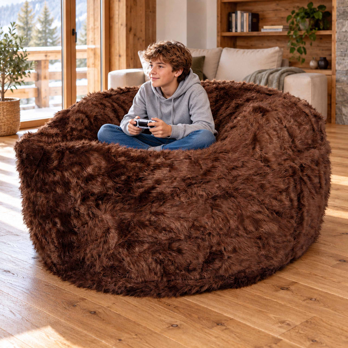 Pouf Géant Rond XXL Fourrure Marron, grand pouf canapé XXL en fourrure poil long marron, assise cosy pour salon