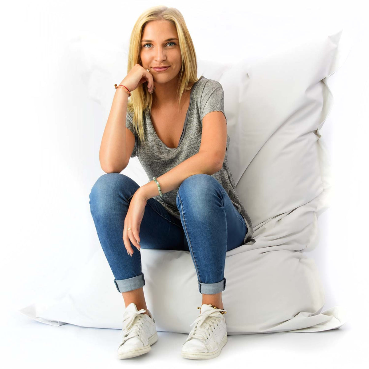 Pouf Géant XL Blanc BiG52 Classic XL, assise confortable XXL en tissu blanc, idéal salon chambre ou jardin