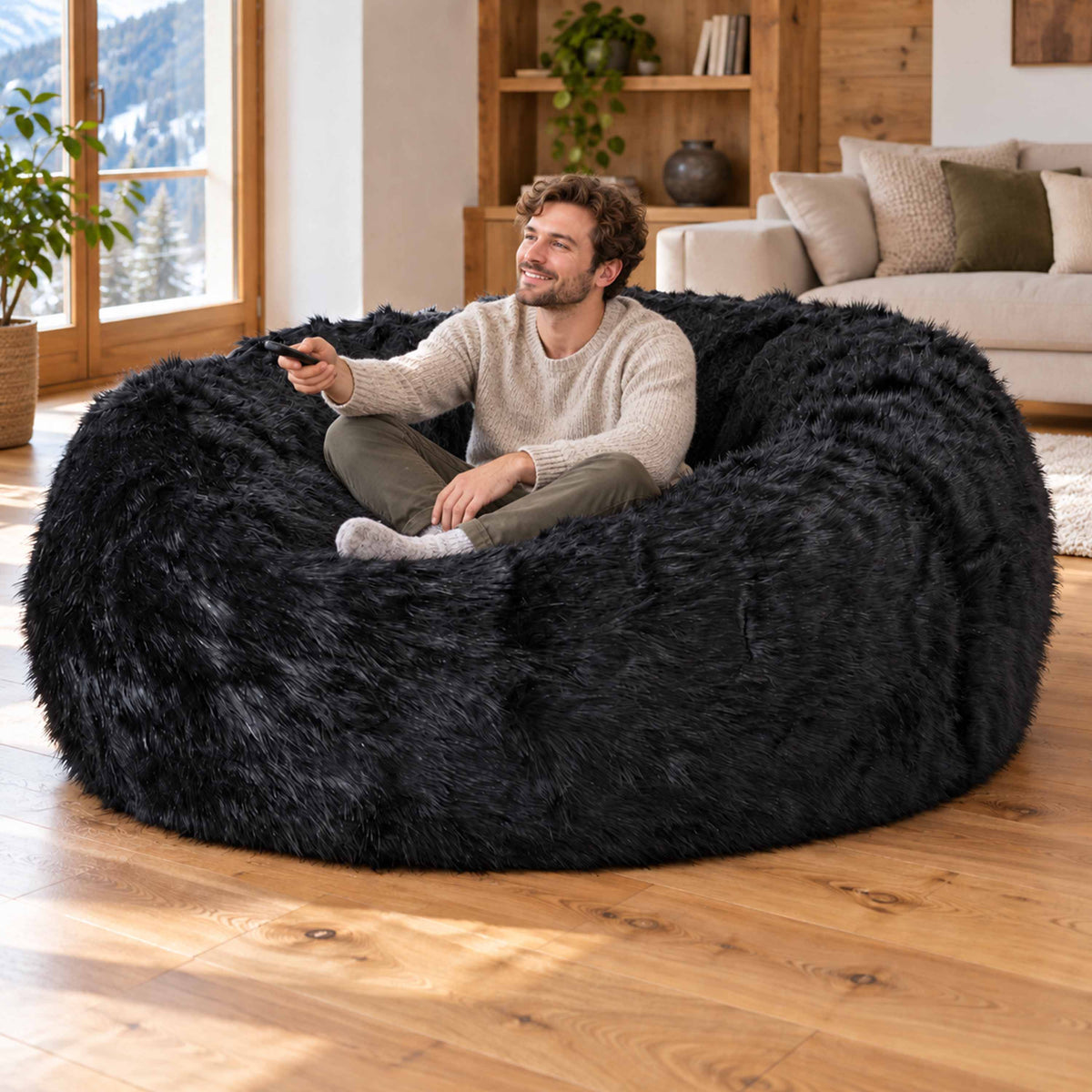 Pouf Géant Rond XXL Fourrure Noir, grand pouf canapé XXL moelleux en fourrure noire pour salon cosy, usage relax