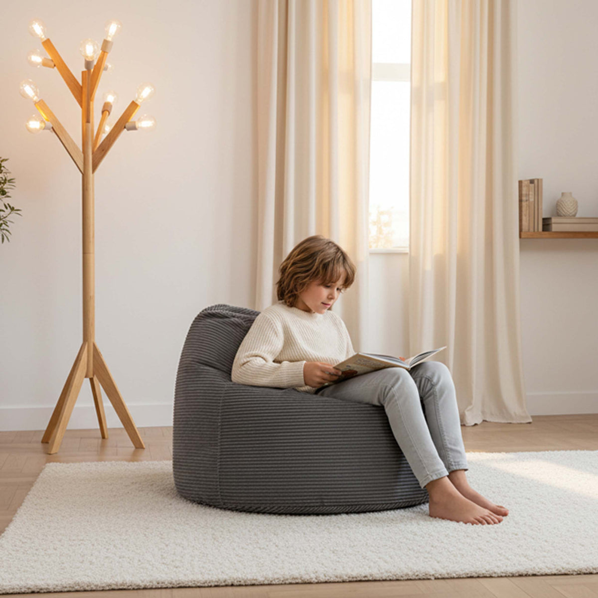 Pouf Géant Rond XL Velours Côtelé Gris, pouf XXL rond pour enfant, assise confortable en velours côtelé gris