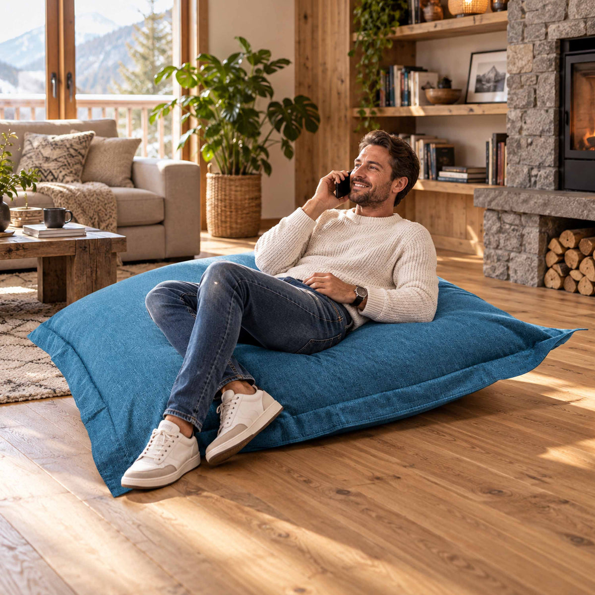 Pouf Lin Bleu Canard intérieur cocooning en lin 170x130 cm, assise détente salon près de la cheminée