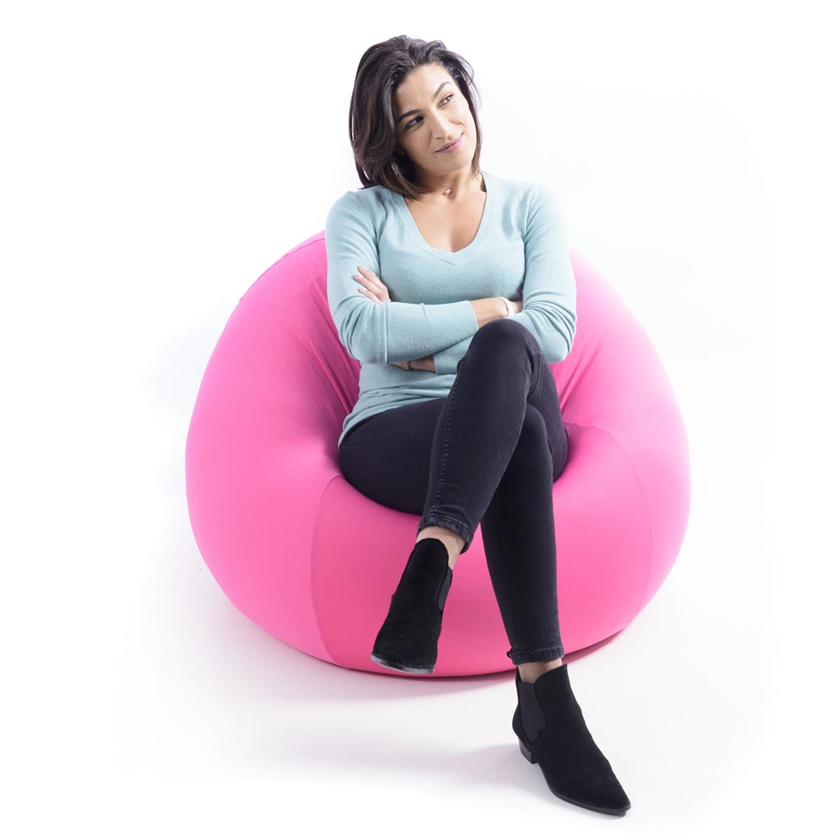 Pouf Poire Stretch Rose BiG52 d’intérieur, grand pouf confortable en tissu souple rose, assise d’une femme