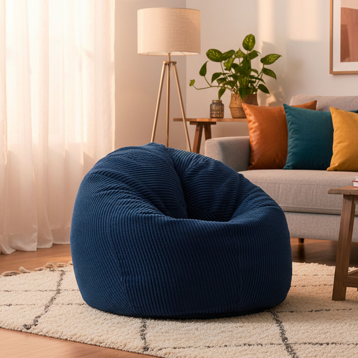 Pouf Poire Velours Côtelé Bleu Marine, pouf billes polystyrène prêt à l’emploi, velours côtelé bleu marine pour salon