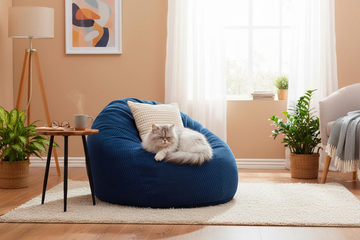Pouf Poire Velours Côtelé Bleu Marine, fauteuil poire bleu côtelé avec confort pour salon, assise ergonomique