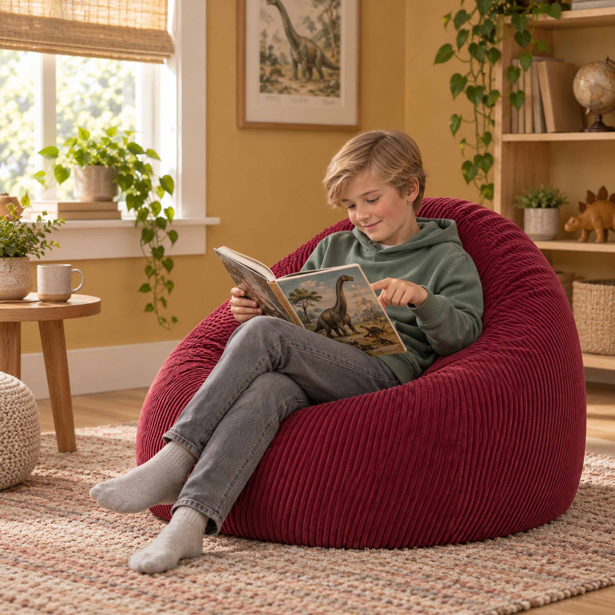 Pouf Poire Velours Côtelé Cerise, assise confortable en velours côtelé rouge, enfant lisant dans un salon chaleureux