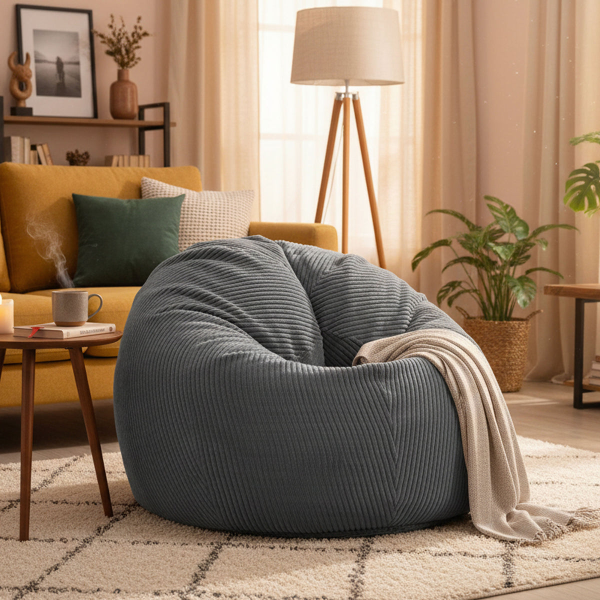 Pouf Poire Velours Côtelé Gris : pouf poire gris en velours côtelé, confort ergonomique pour salon moderne