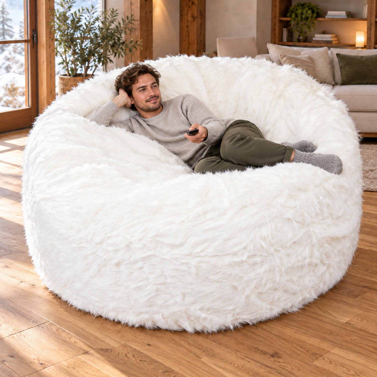 Pouf Géant Rond XXL Fourrure Blanc, grand canapé moelleux en fourrure à poil long, pour détente cosy intérieur