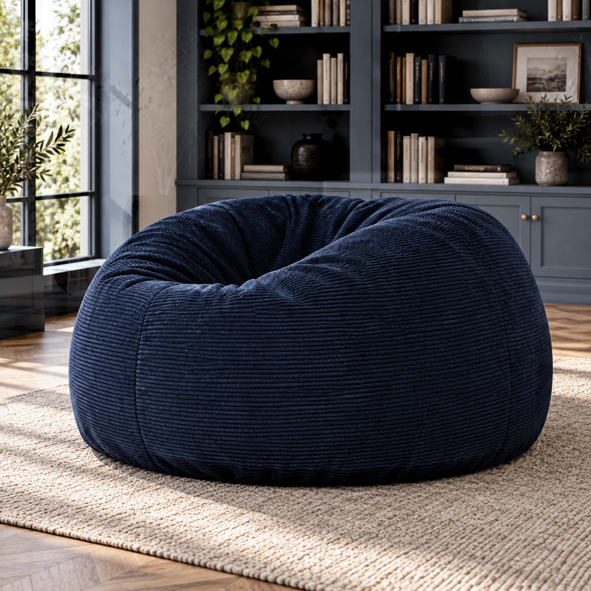 Pouf Géant Rond XXL Velours Côtelé Bleu Marine TiTAN, grand pouf rond XXL en velours côtelé bleu marine