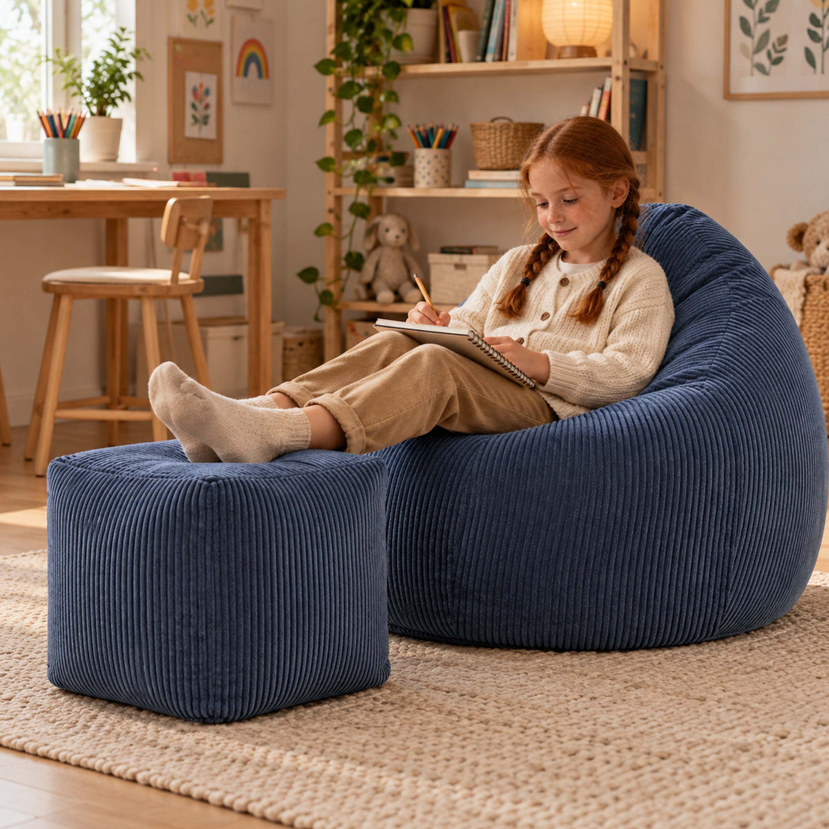 Pouf Poire Velours Côtelé Bleu denim : enfant se relaxe sur un pouf poire en velours côtelé bleu denim, confort immédiat