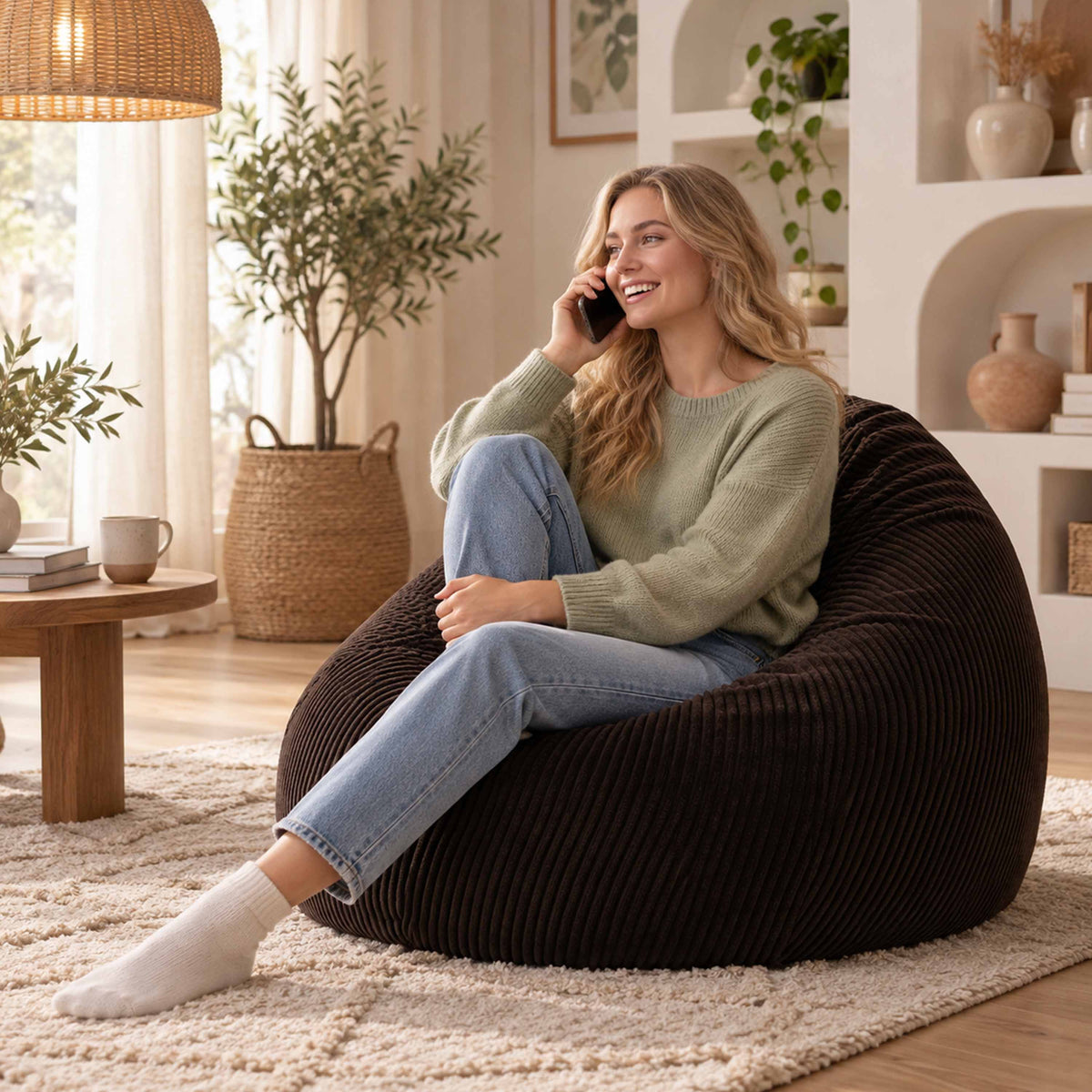 Pouf Poire Velours Côtelé Brun espresso, relax en salon avec soutien ergonomique et velours côtelé brun espresso
