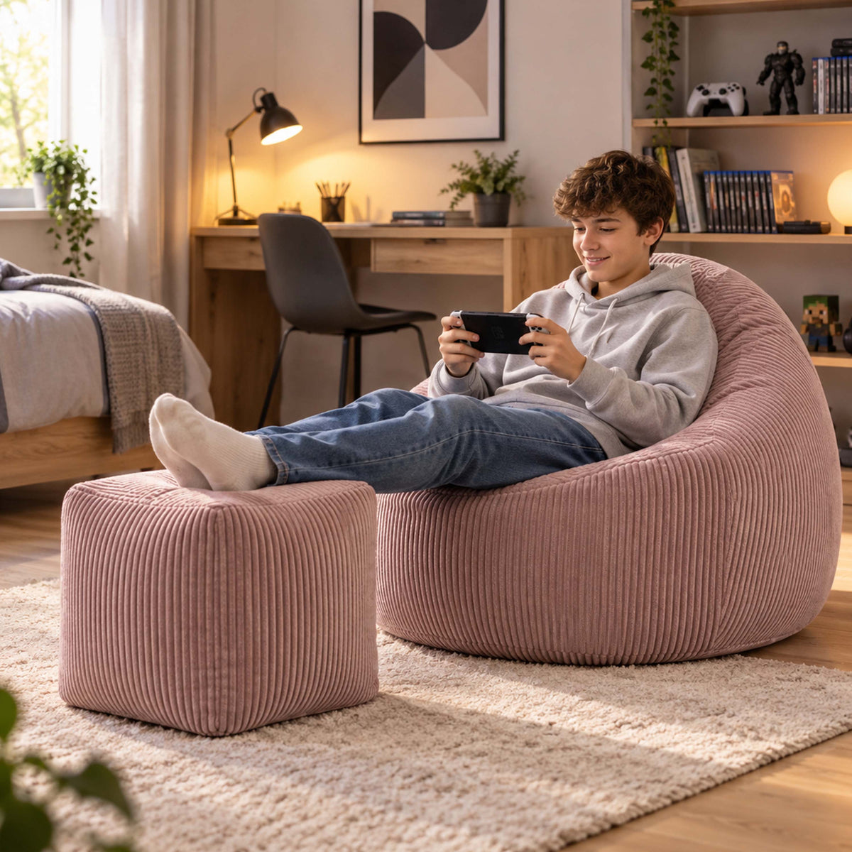 Pouf Poire Velours Côtelé Rose poudré : pouf poire en velours côtelé rose poudré, rempli, pour se détendre dans un salon