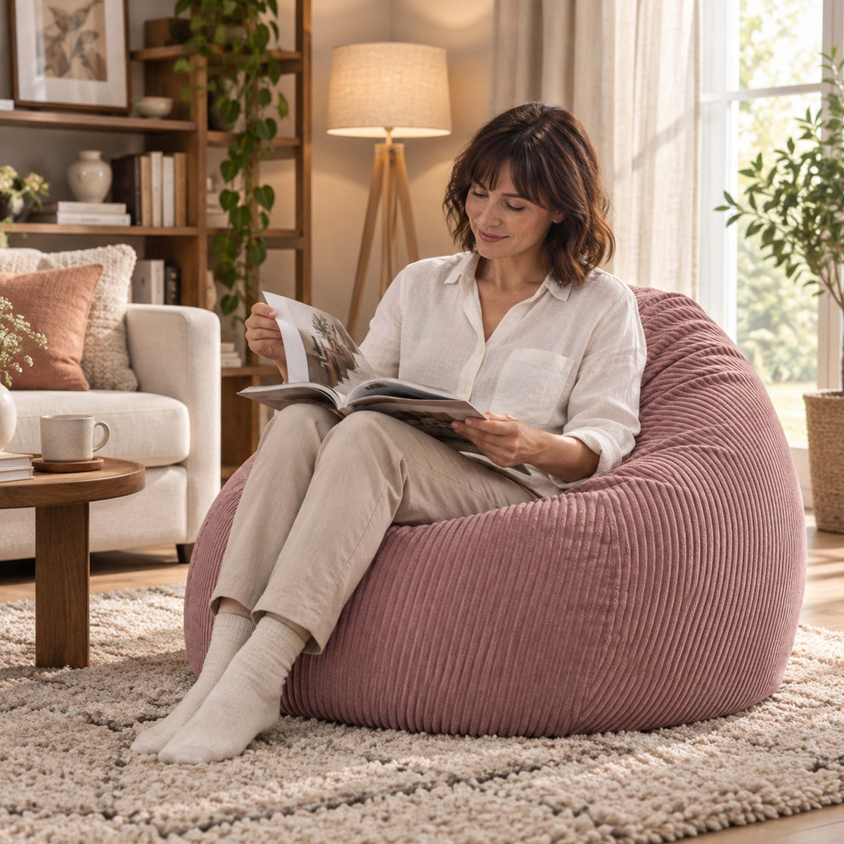 Pouf Poire Velours Côtelé Rose poudré : confort ergonomique en velours côtelé, rempli de billes polystyrène, assise détente salon