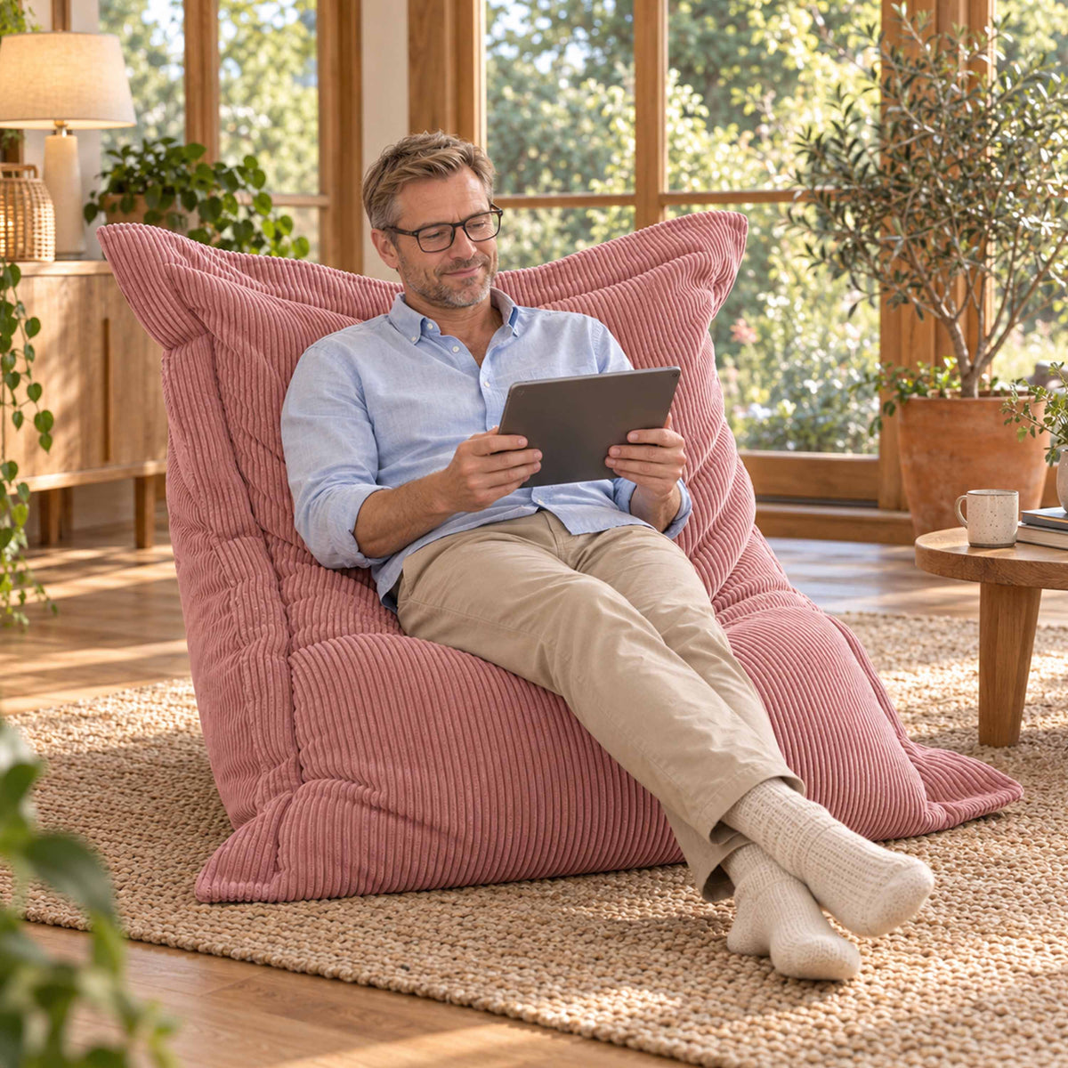 Pouf Velours Côtelé Rose poudré chaud, assise design en velours côtelé rose poudré pour détente confortable au salon